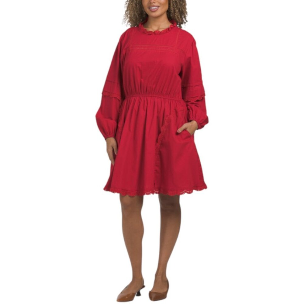 LEA Long Sleeve Embroidered Lace Trim Mini Dress